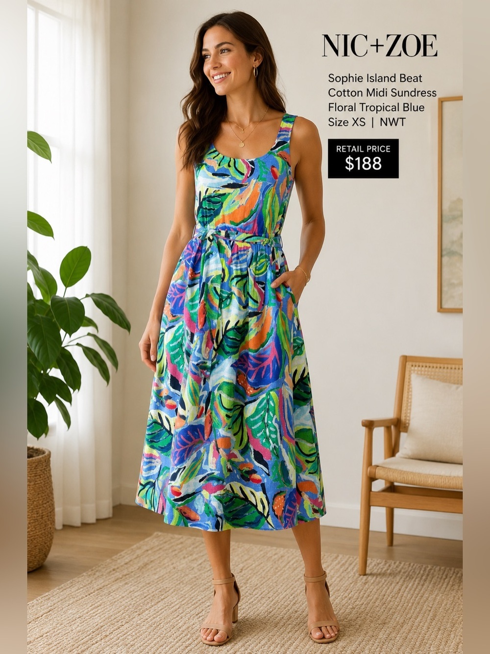 NIC+ZOE Sophie Island Beat Cotton Midi
Sundress Floral Tropical Blue XS NWT